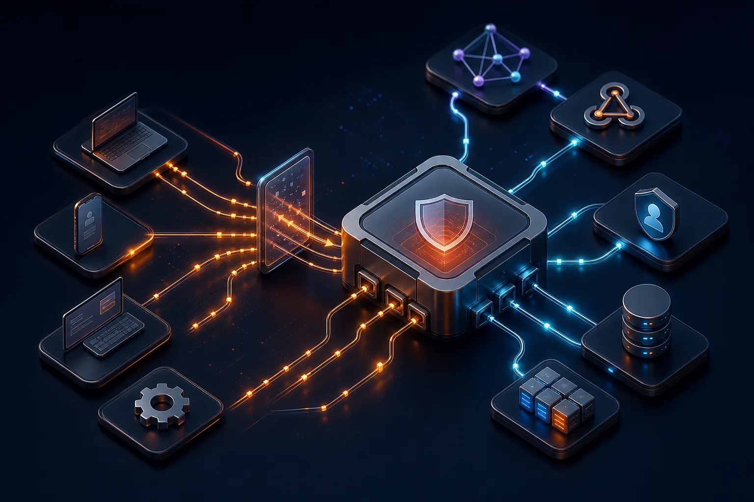 Secure API gateway connecting web and mobile clients to GraphQL, webhooks, identity, databases and microservices
