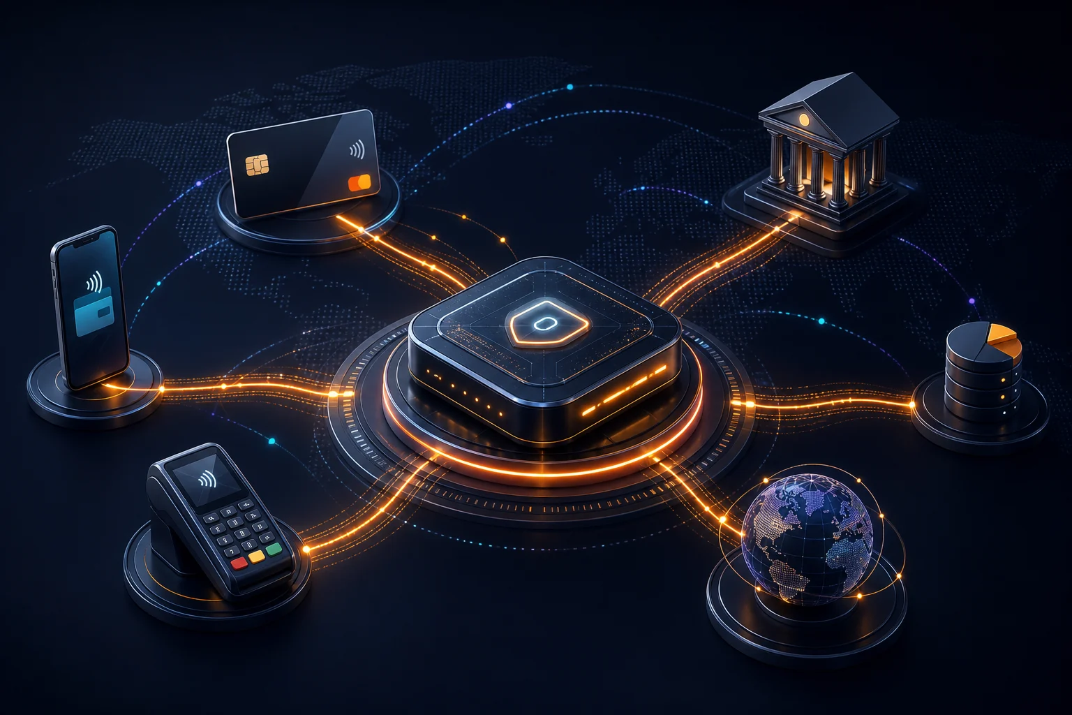 Secure payment orchestration connecting cards, mobile wallets, banks and global commerce